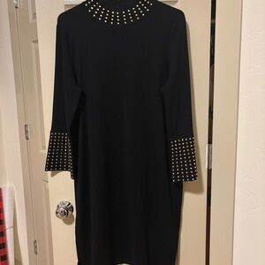 Calvin Klein Black Long Sleeve Knit Dress with Gold Studded Neck & Sleeves
